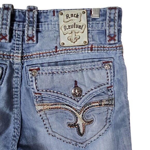 Rock Revival Ecton Boot Embroidered Denim Jeans 32 Light Wash Distressed Casual - Picture 3 of 15